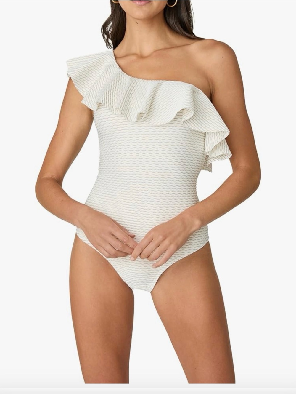 Shoshanna Ivory/Gold Wave Texture Ruffle One Shoulder One Piece Swimsuit Size 4